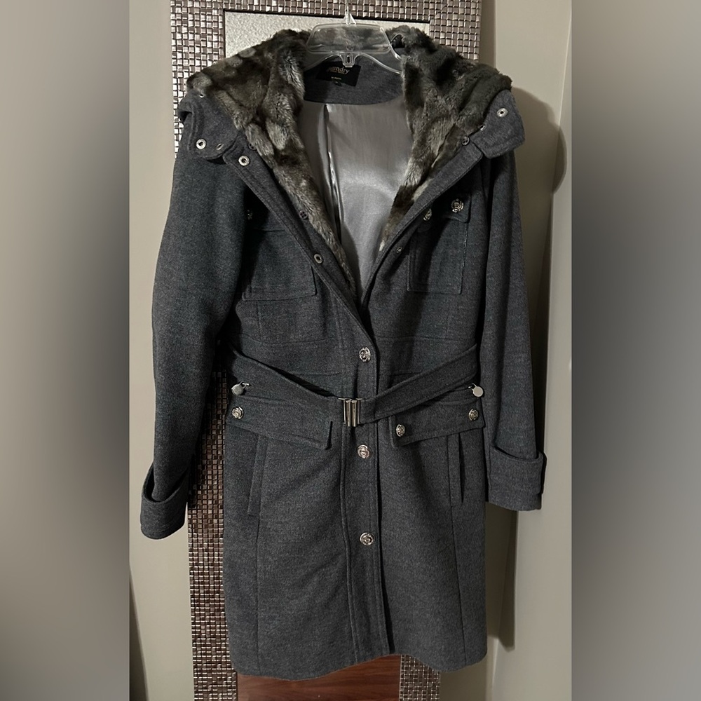 Womens Faux Fur Trim Mid Length Wool Coat